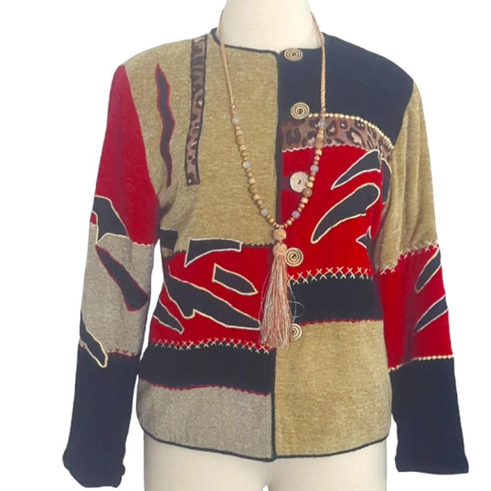 JULIA KIM Vintage Patched Wooden Button Down Tribal/Animal Patern Jacket